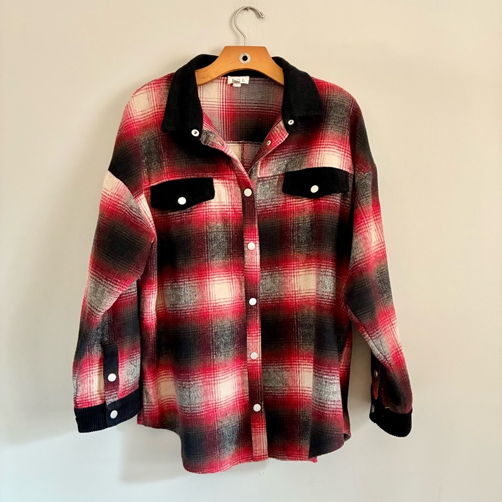 POL Wool Red Black Buffalo Plaid Cabincore Chore Jacket Women’s Large Shacket
